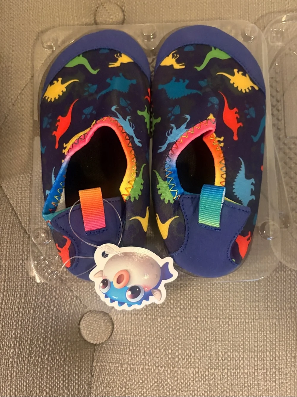 Kids Navy Water Shoes with Rainbow Dinosaur Print
